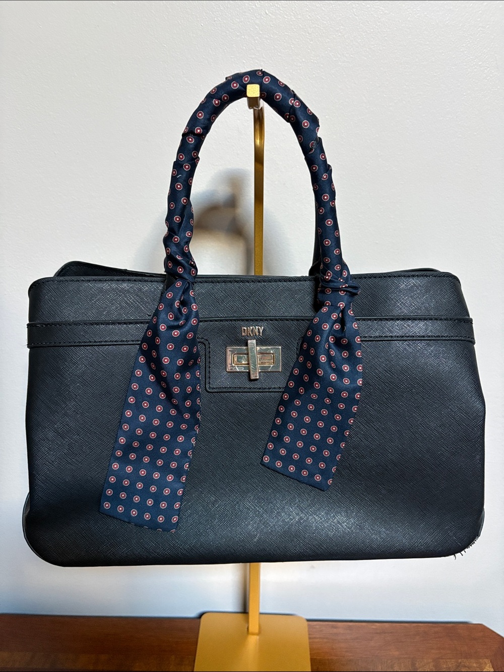 Dkny Black Satchel with Navy Patterned Scarf-Handled Detail